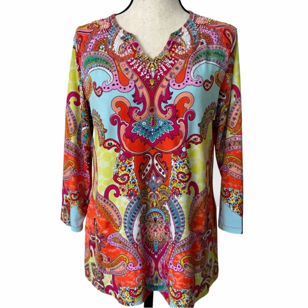 70s Style Beaded Paisley Retro Tunic Top Multicolor Festival Boho Stretch Shirt